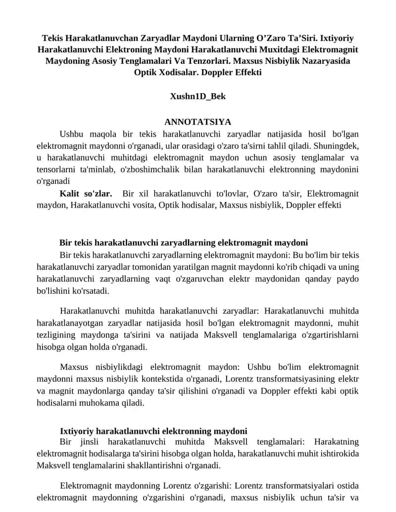 Bir tekis harakatlanuvchi zaryadlarning elektromagnit maydoni 1