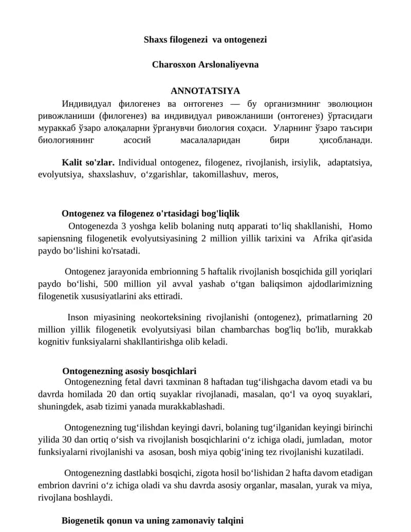 Ontogenez va filogenez o'rtasidagi bog'liqlik 1