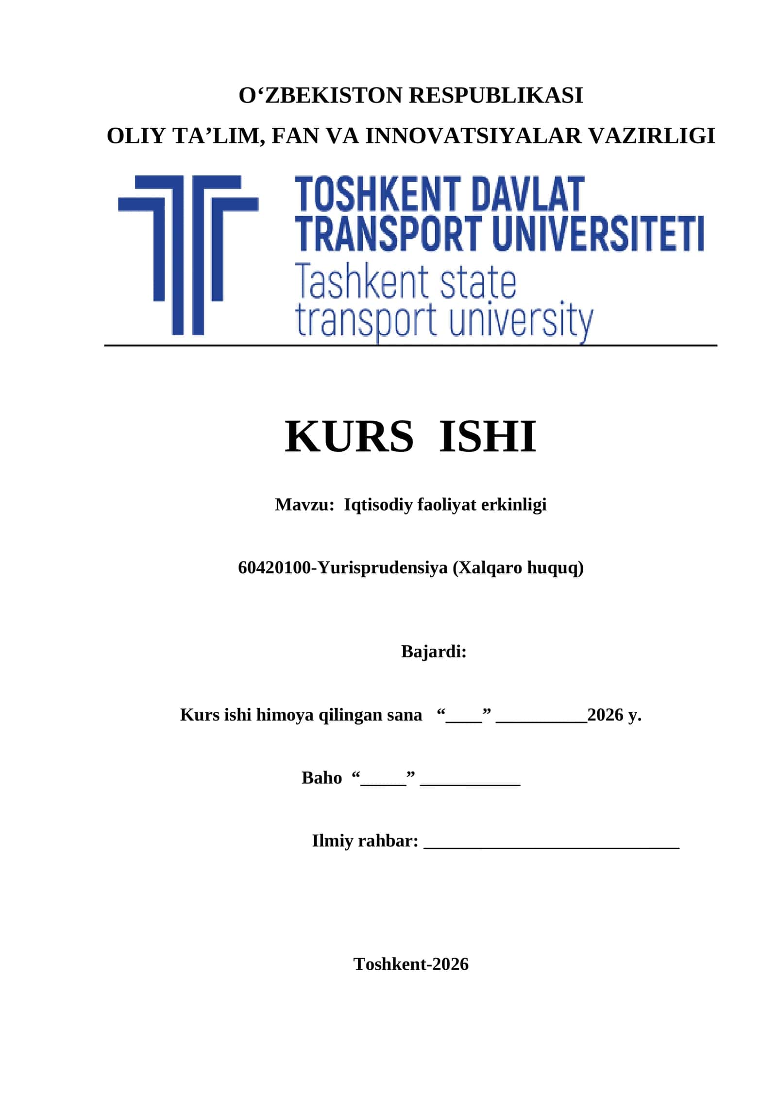 Iqtisodiy faoliyat erkinligi kurs ishi 1