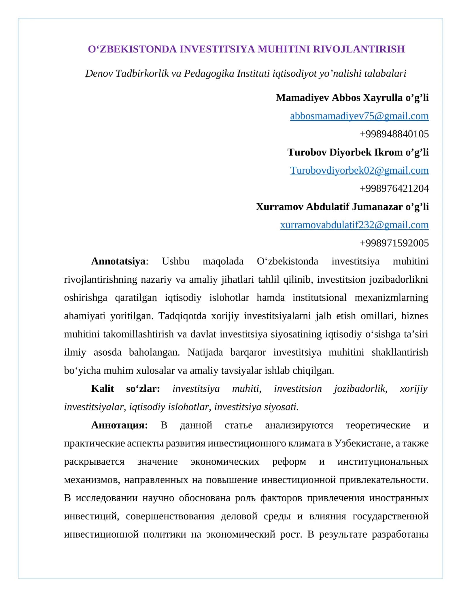 O‘ZBEKISTONDA INVESTITSIYA MUHITINI RIVOJLANTIRISH 1