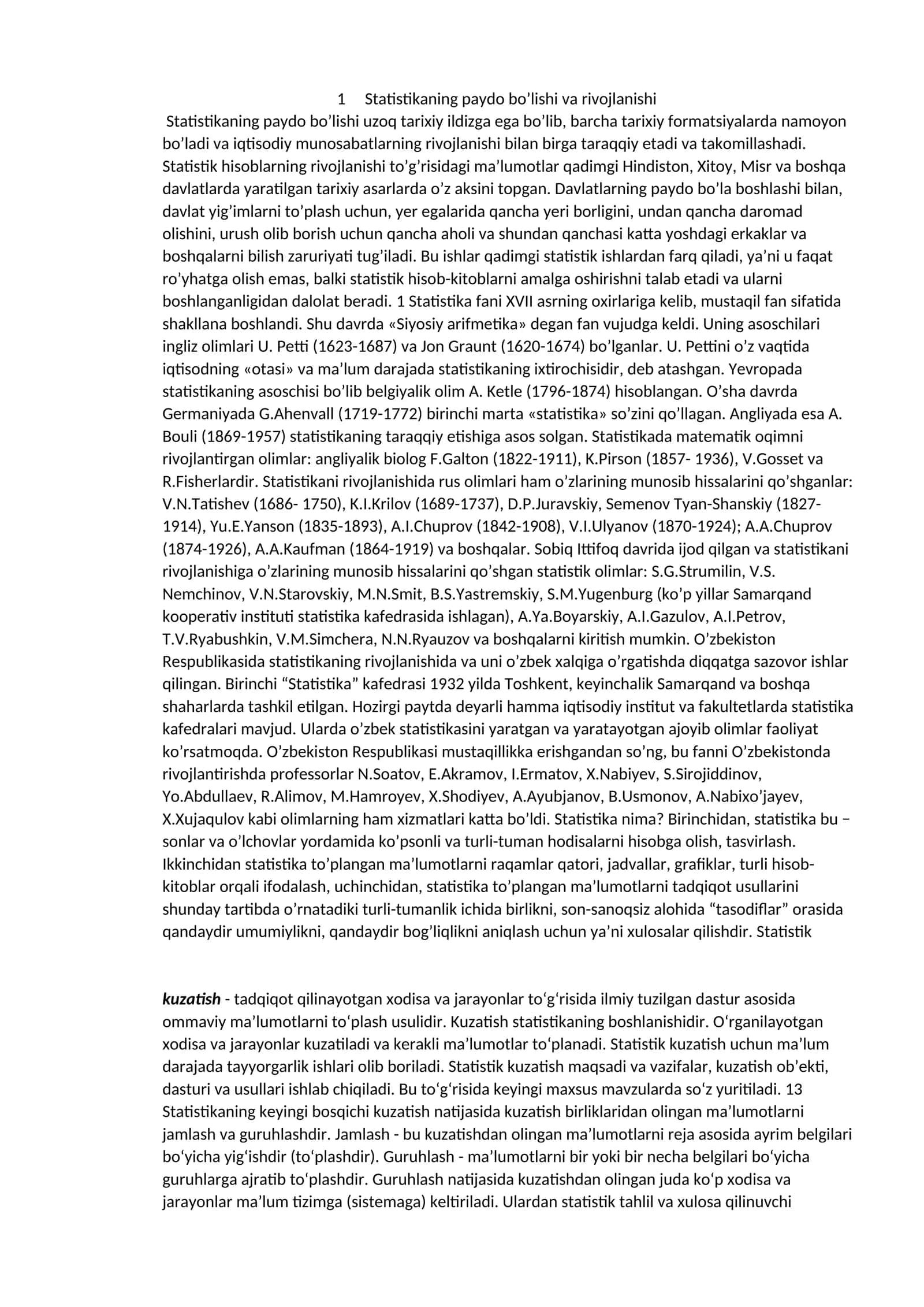 Statistika fanining tarixiy rivojlanishi va mazmuni 1