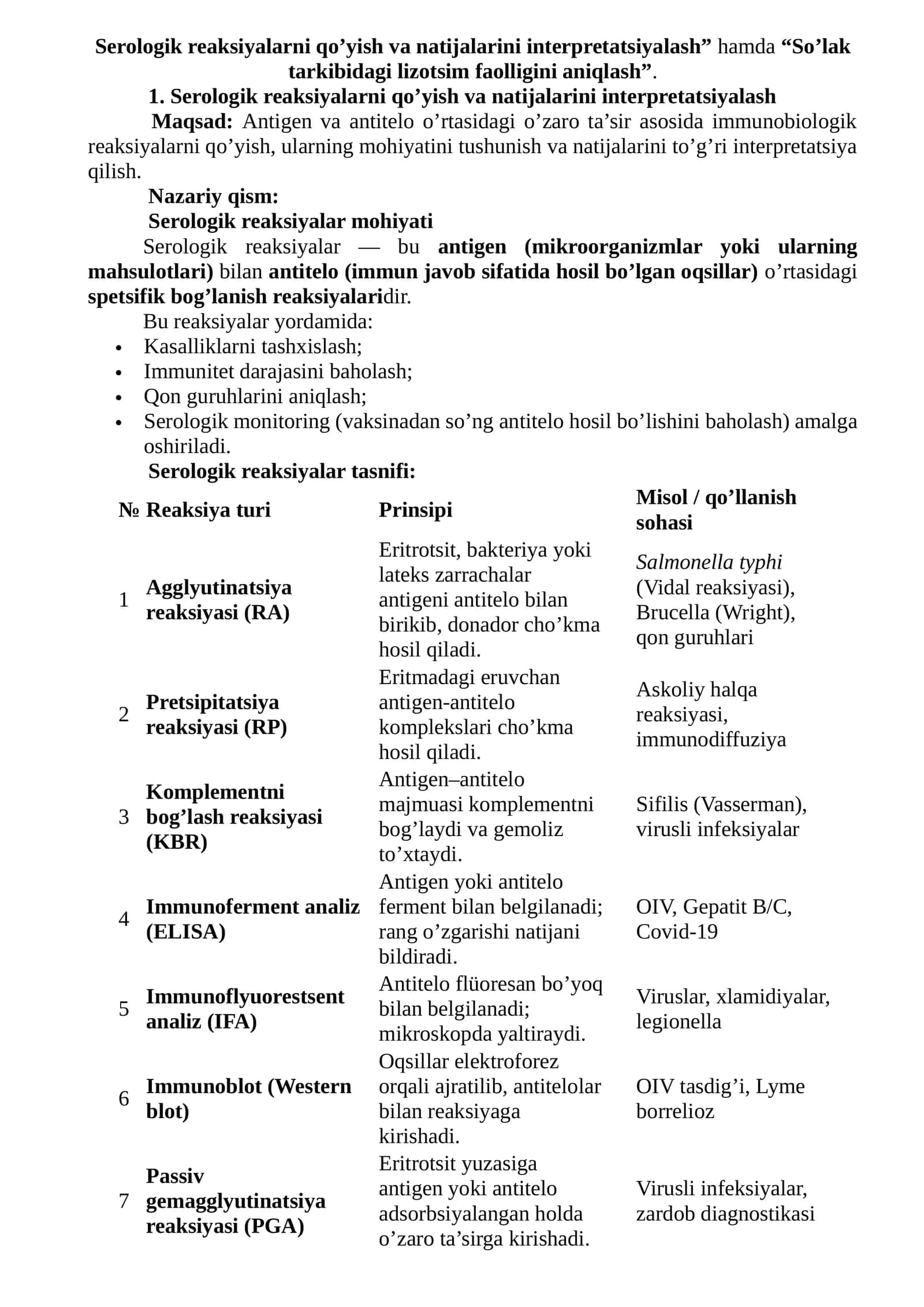 Serologik reaksiyalarni qo’yish va natijalarini interpretatsiyalash 1