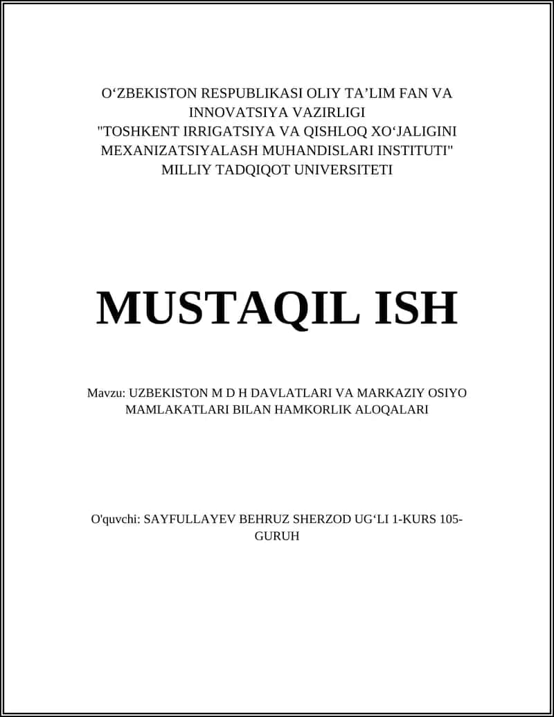 UZBEKISTON M D H DAVLATLARI VA MARKAZIY OSIYO MAMLAKATLARI BILAN HAMKORLIK ALOQALARI 1
