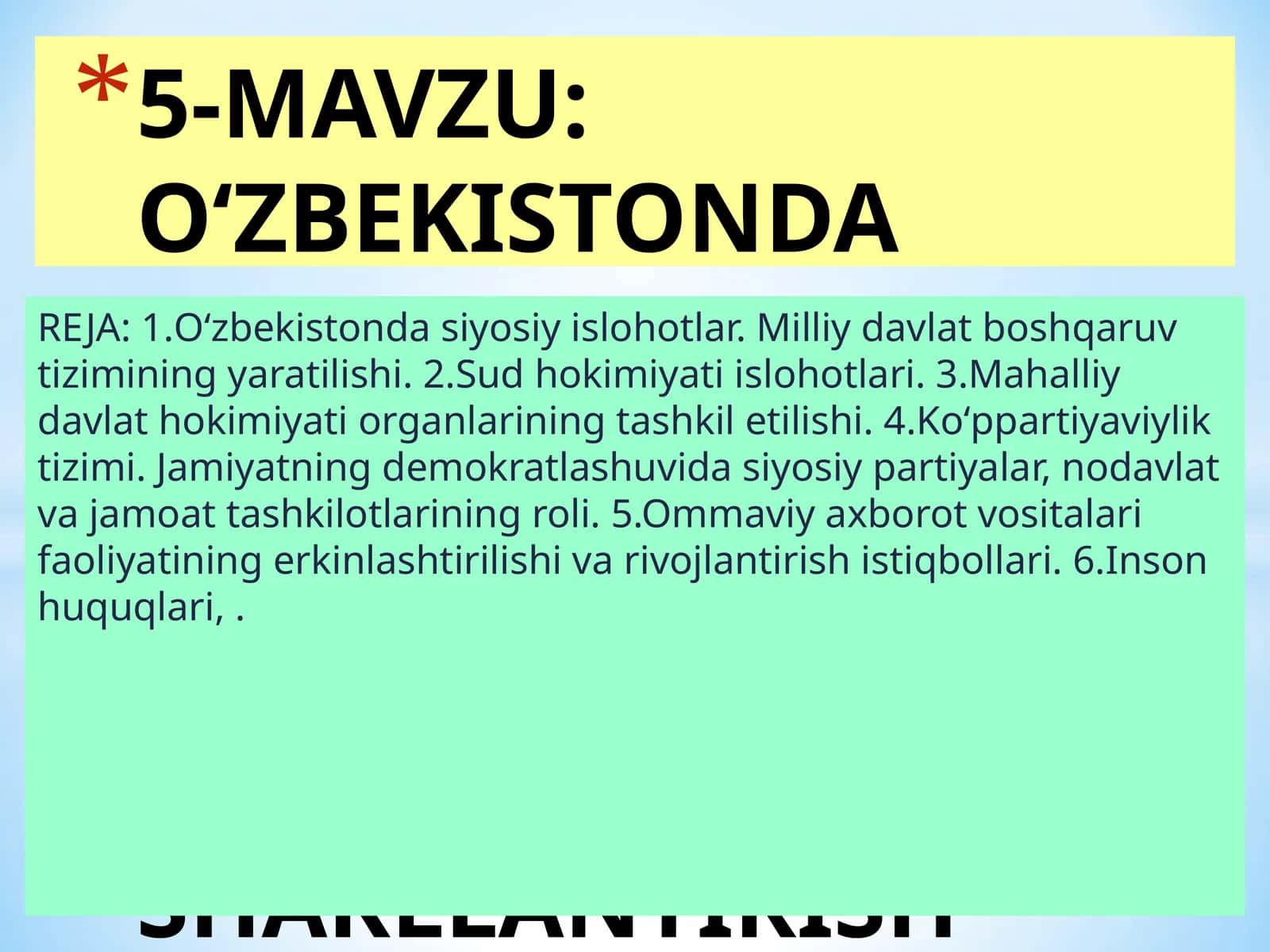 O'ZBEKISTONDA HUQUQIY SIYOSIY ISLOHOTLARNING AMALGA OSHIRILISHI, DEMOKRATIK JAMIYATNI SHAKLLANTIRISH YО‘LIDAGI ISLOHOTLAR 1