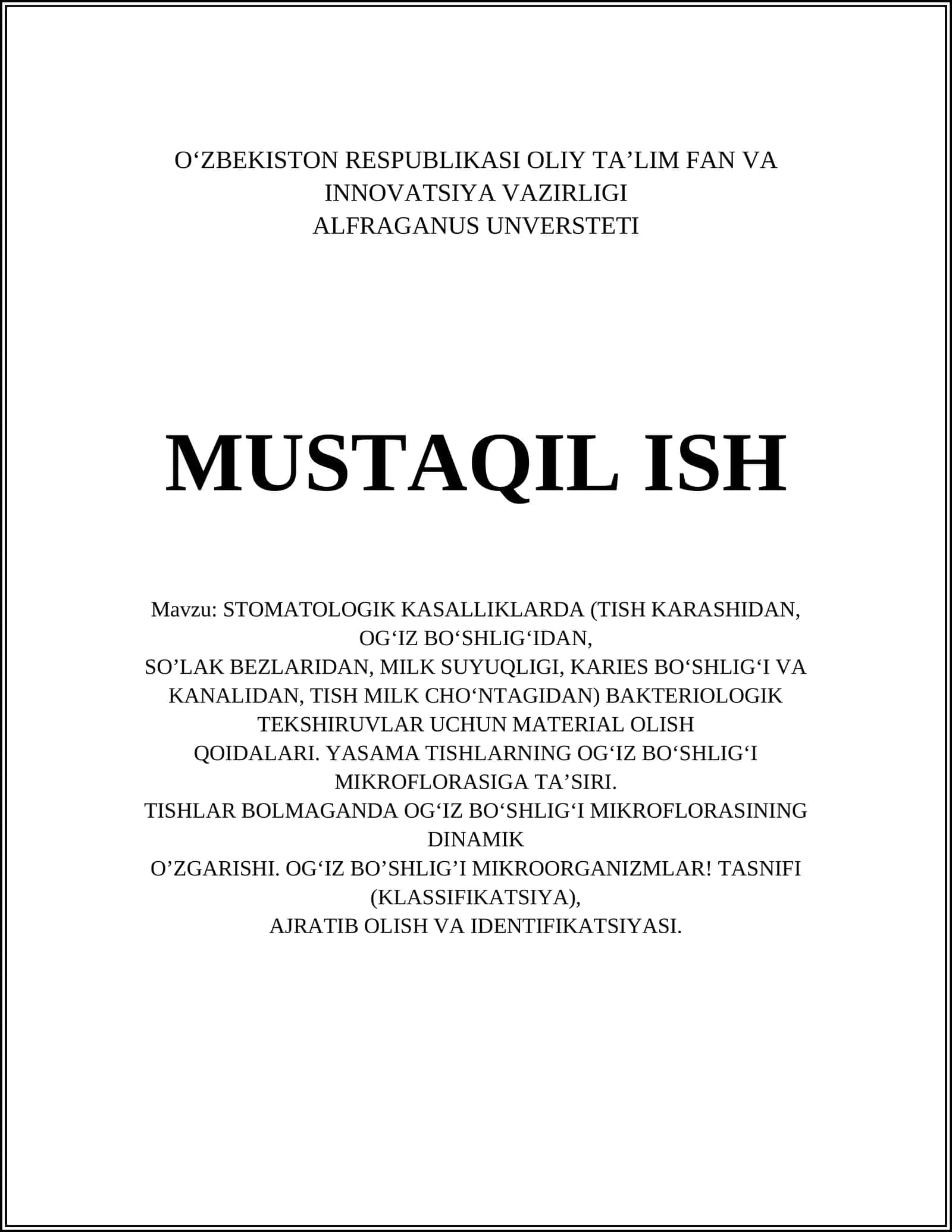 STOMATOLOGIK KASALLIKLARDA (TISH KARASHIDAN, OG‘IZ BO‘SHLIG‘IDAN, SO’LAK BEZLARIDAN, MILK SUYUQLIGI, KARIES BO‘SHLIG‘I VA KANALIDAN, TISH MILK CHO‘NTAGIDAN) BAKTERIOLOGIK TEKSHIRUVLAR UCHUN MATERIAL OLISH QOIDALARI 1