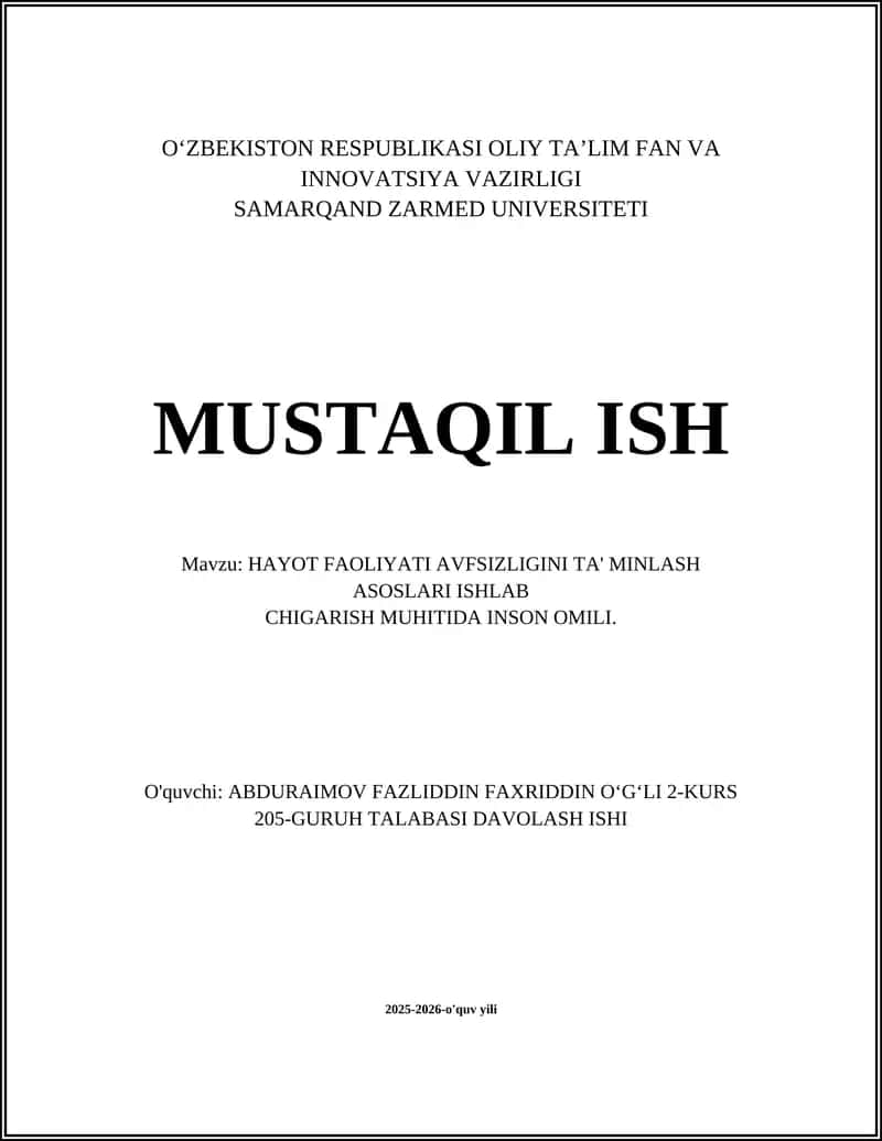Inson Omili va Ishlab Chiqarish Muhitida Hayot Faoliyatini Xavfsizligini Ta'minlash 1