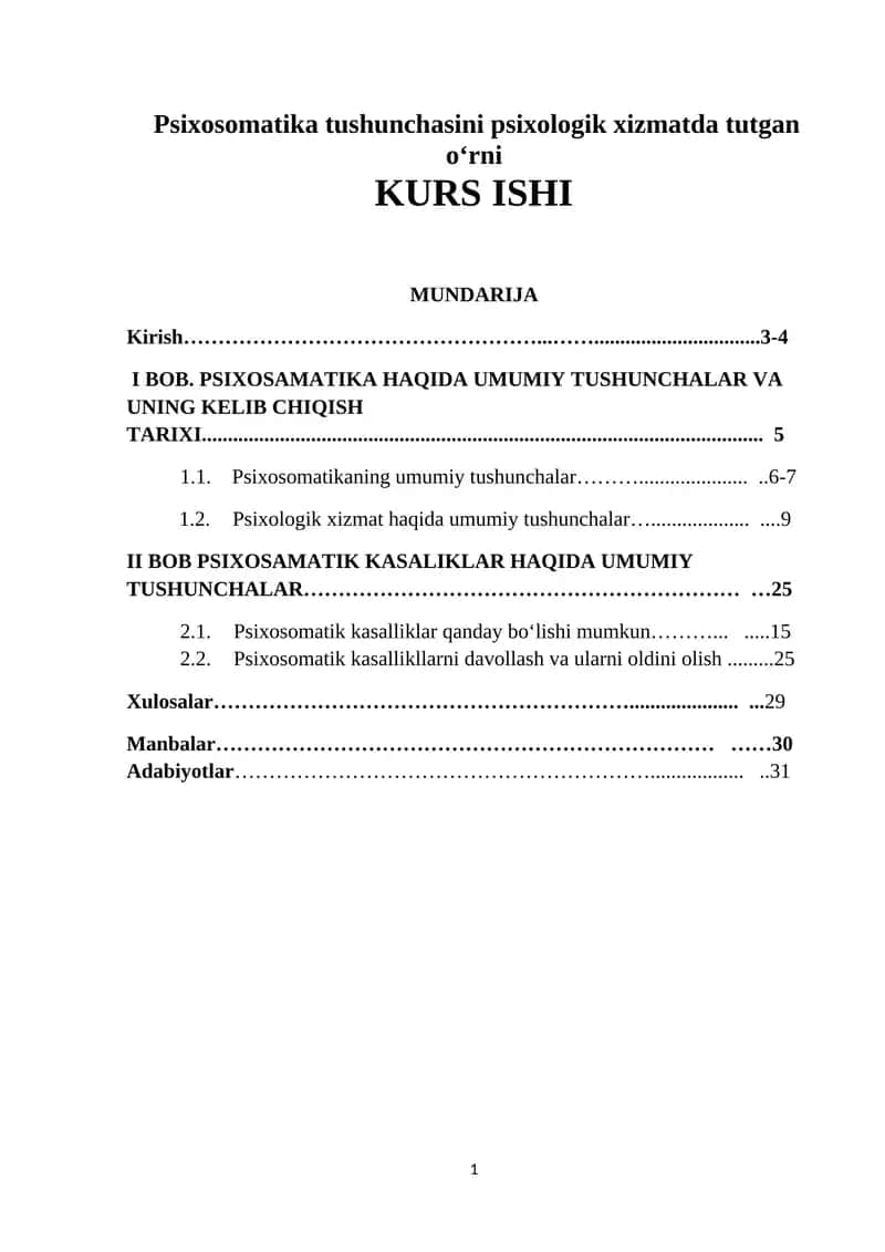 Psixosomatika tushunchasini psixologik xizmatda tutgan o‘rni 1