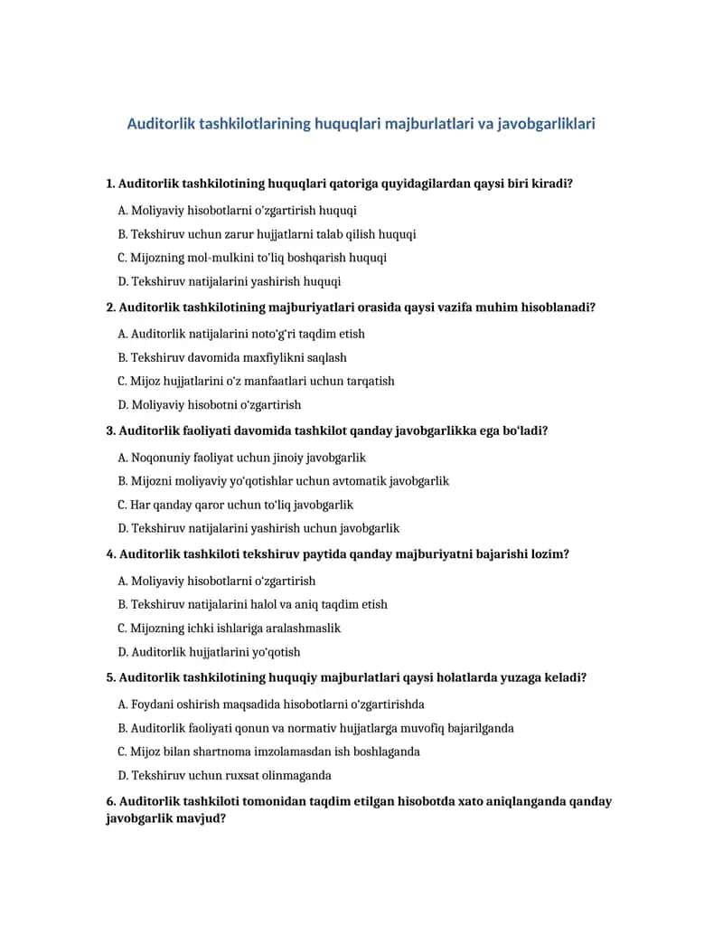 Auditorlik tashkilotlarining huquqlari majburlatlari va javobgarliklari 1