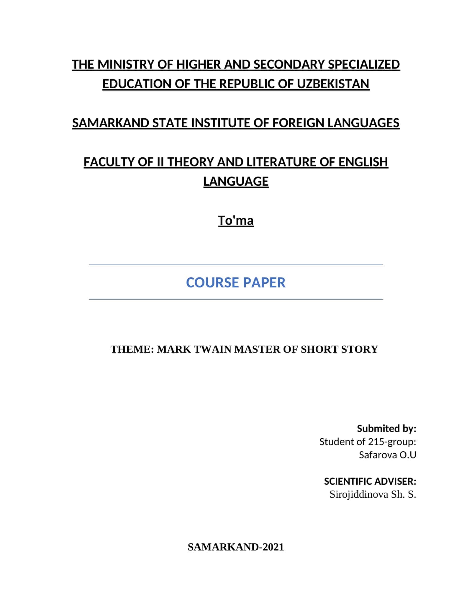 MARK TWAIN MASTER OF SHORT STORY 1