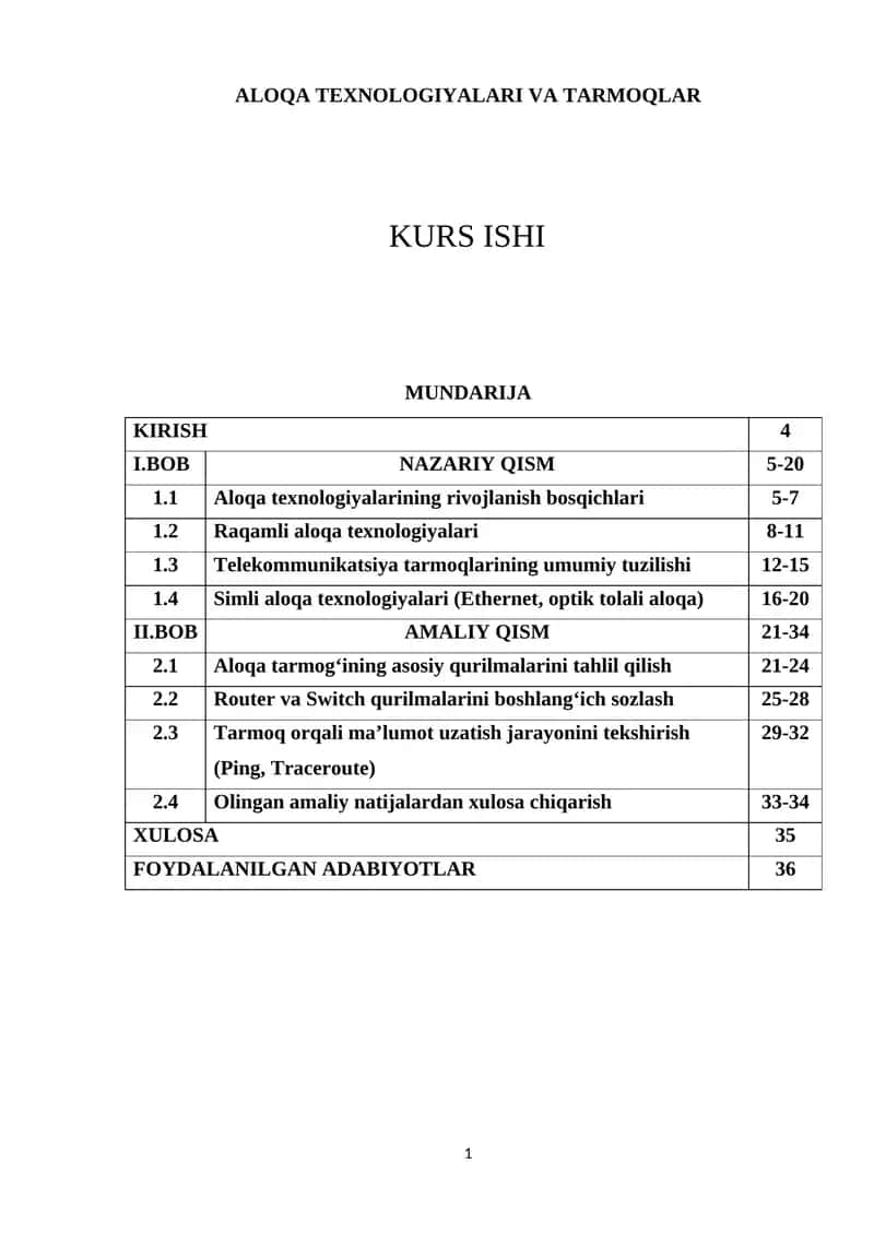 ALOQA TEXNOLOGIYALARI VA TARMOQLAR KURS ISHI 1