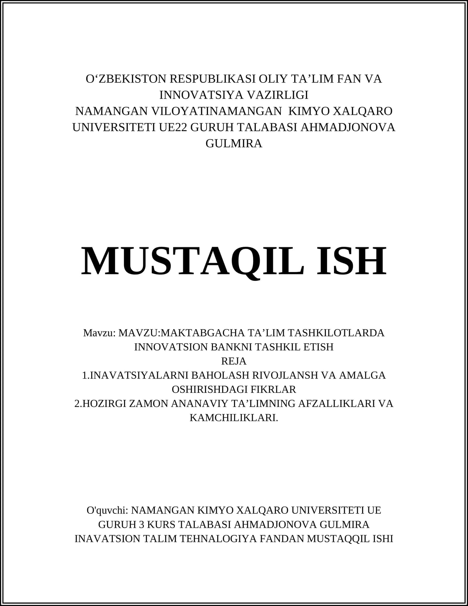 MAKTABGACHA TAʼLIM TASHKILOTLARDA INNOVATSION BANKNI TASHKIL ETISH 1