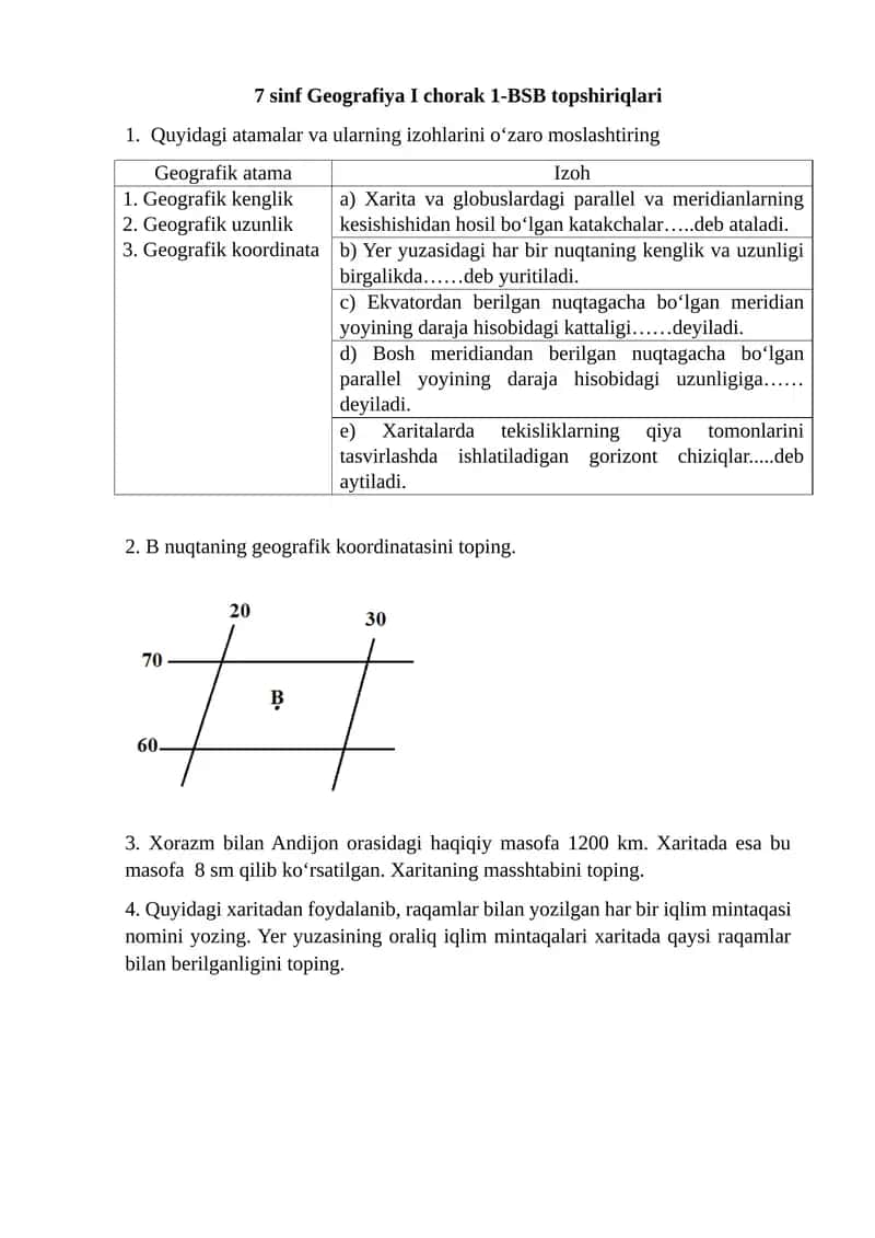 7 sinf Geografiya I chorak 1-BSB topshiriqlari 1