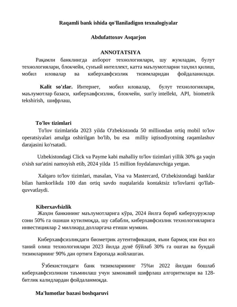 Raqamli bank ishida qo'llaniladigon texnalogiyalar 1
