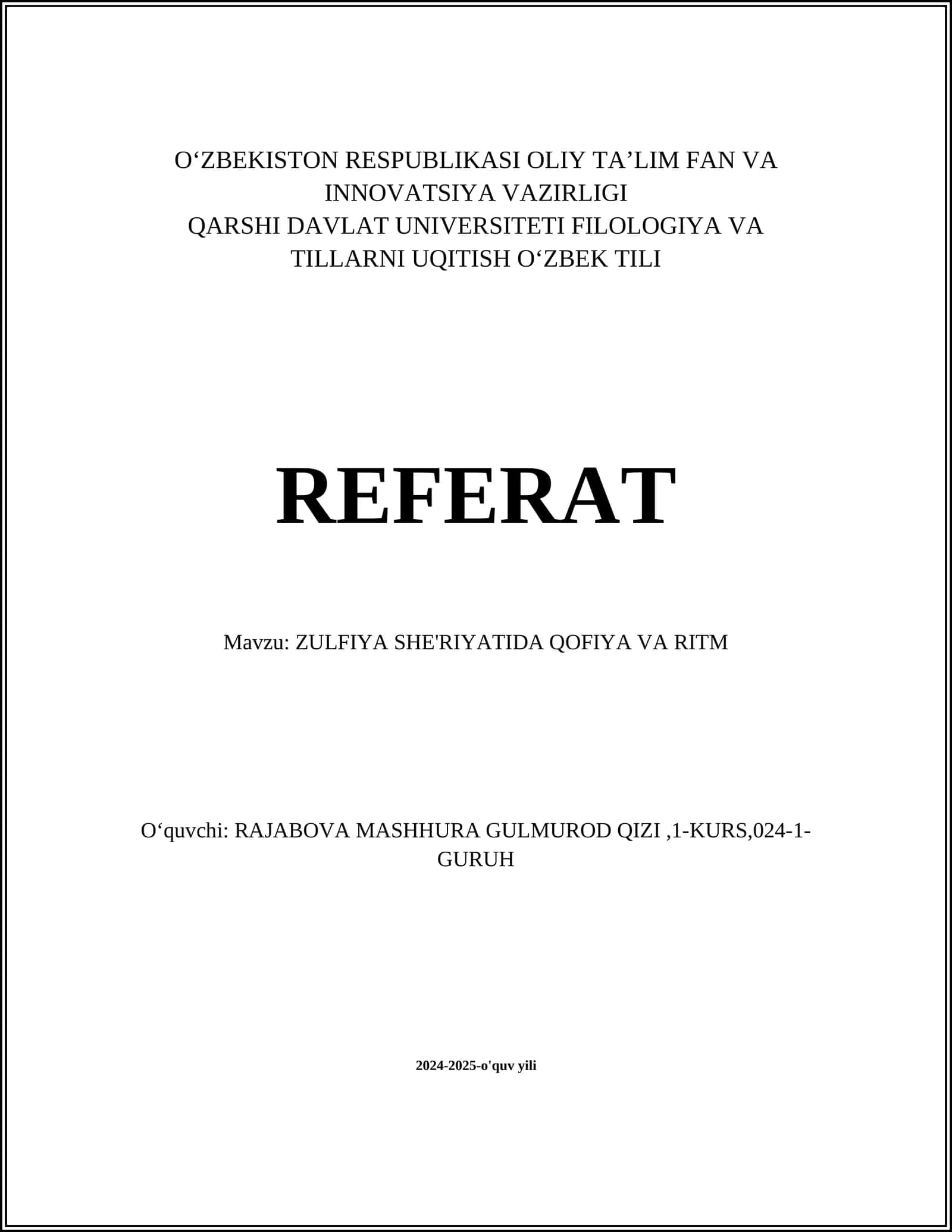 ZULFIYA SHE'RIYATIDA QOFIYA VA RITM 1