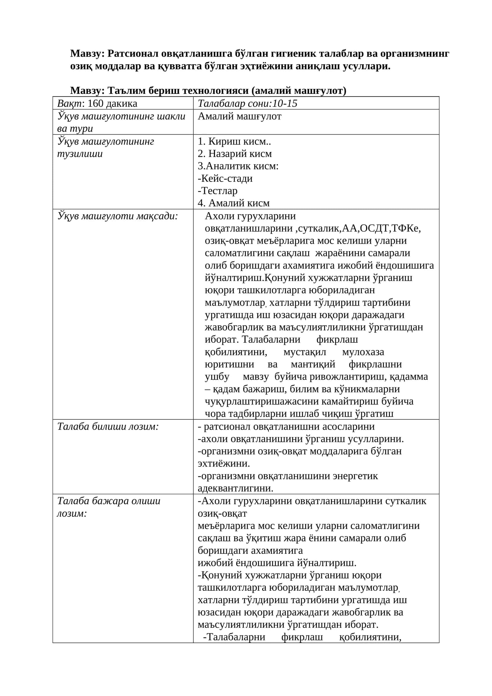 Таълим бериш технологияси (амалий машғулот) 1