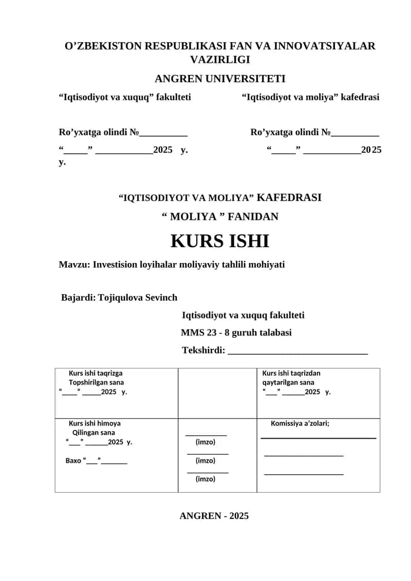 Investision loyihalar moliyaviy tahlili mohiyati 1