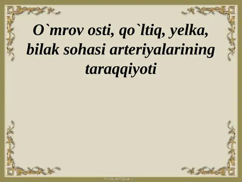O`mrovosti, qo`ltiq, yelka, bilaksohasi arteriyalarining taraqqiyoti 1