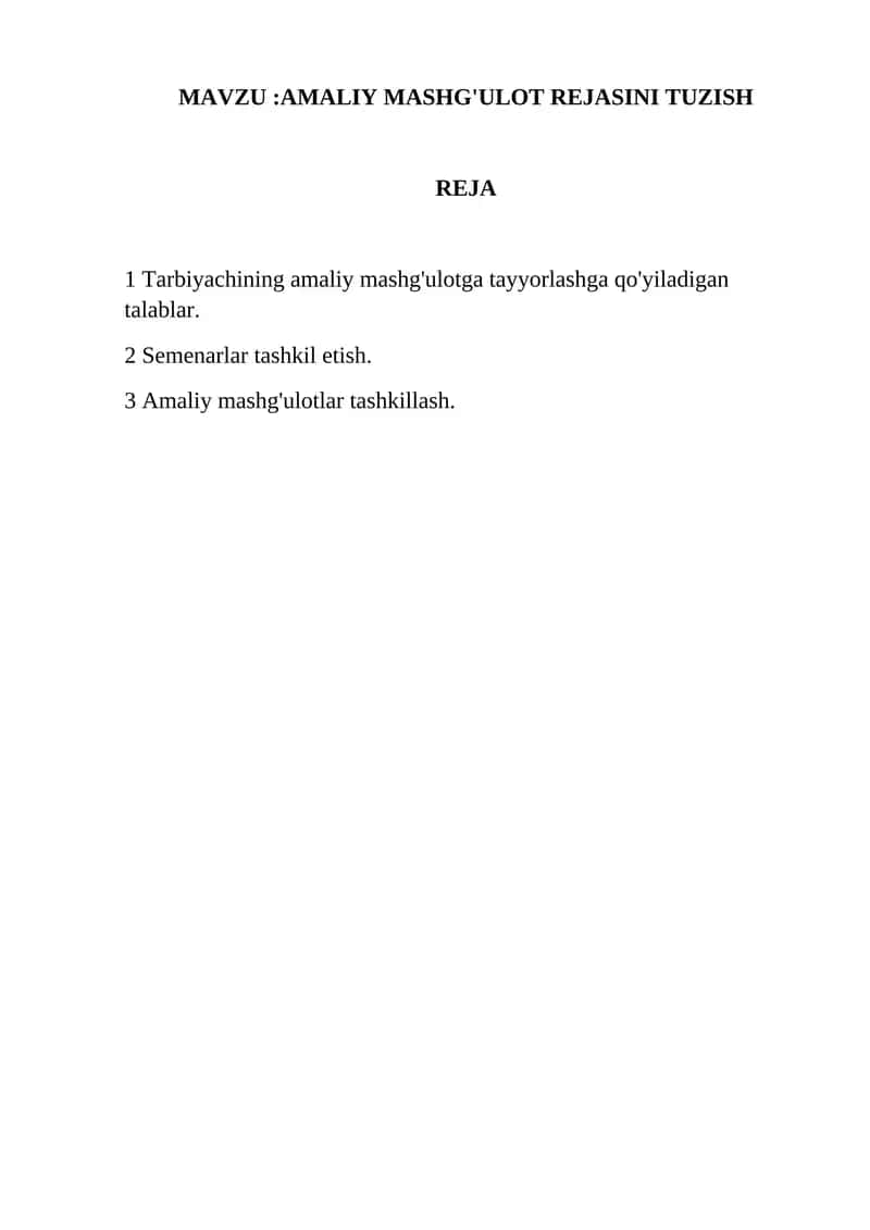 AMALIY MASHG'ULOT REJASINI TUZISH 1