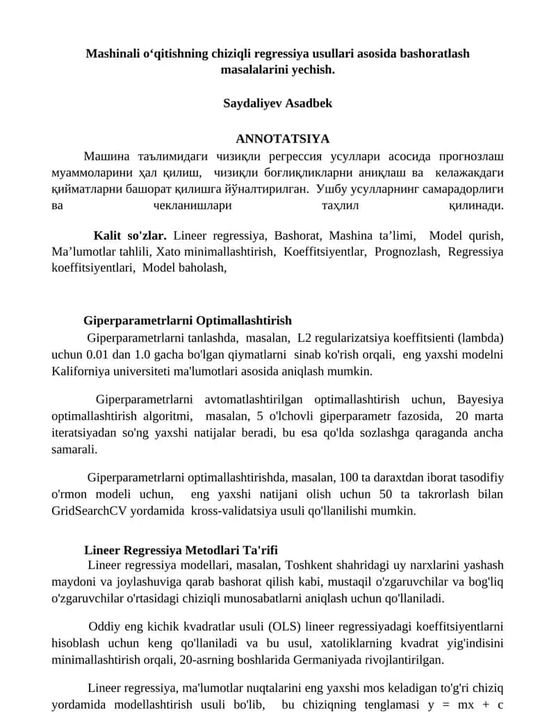 Mashinali o‘qitishning chiziqli regressiya usullari 1
