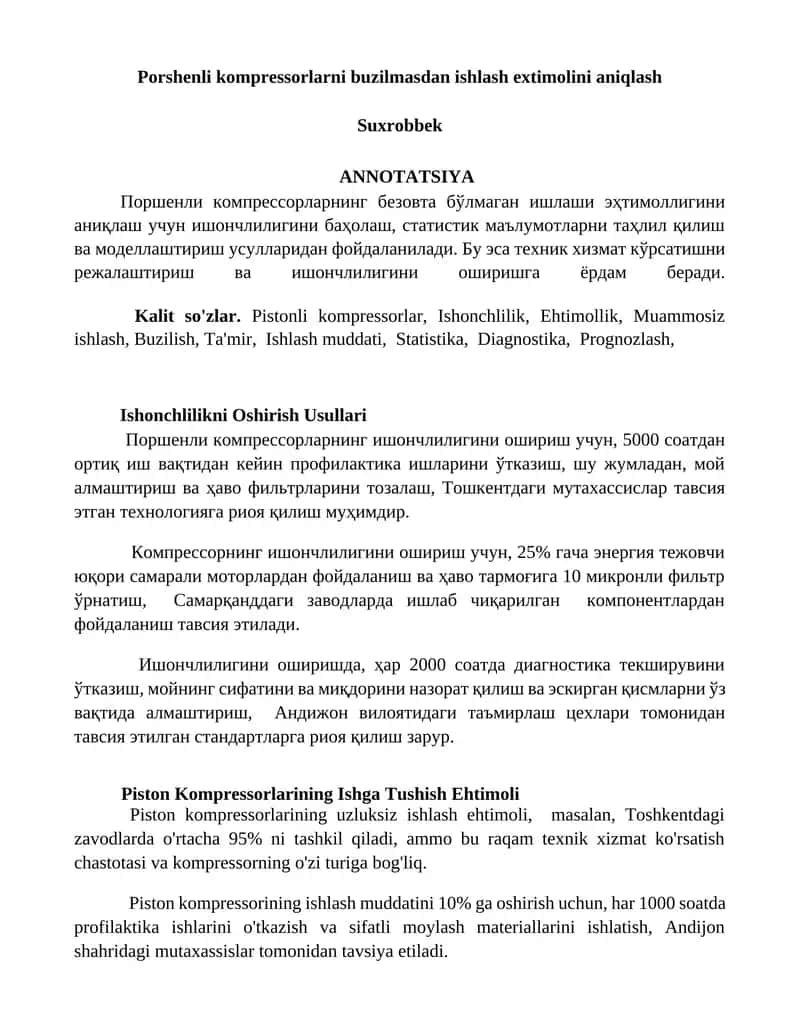 Porshenli kompressorlarni buzilmasdan ishlash extimolini aniqlash 1