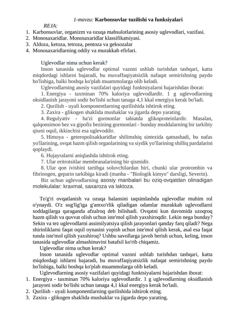 Karbonsuvlar tuzilishi va funksiyalari 1