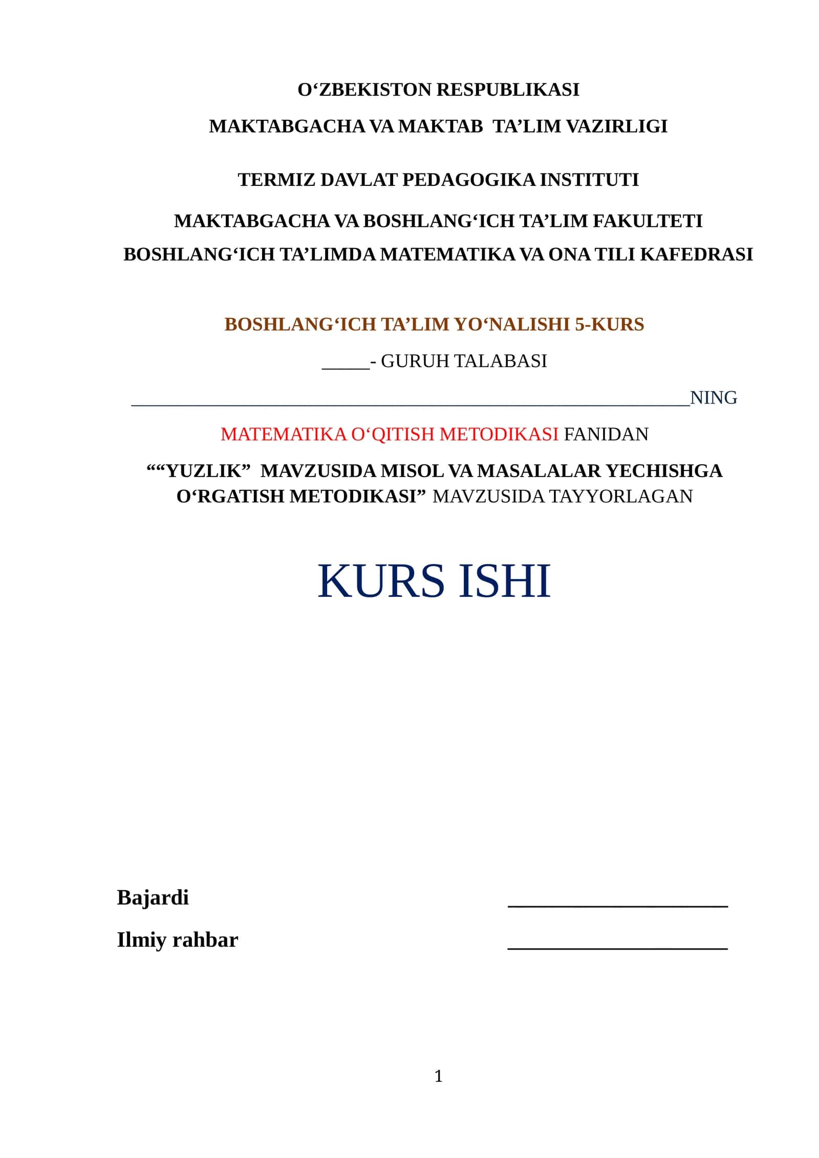 "YUZLIK" MAVZUSIDA MISOL VA MASALALAR YECHISHGA O‘RGATISH METODIKASI 1