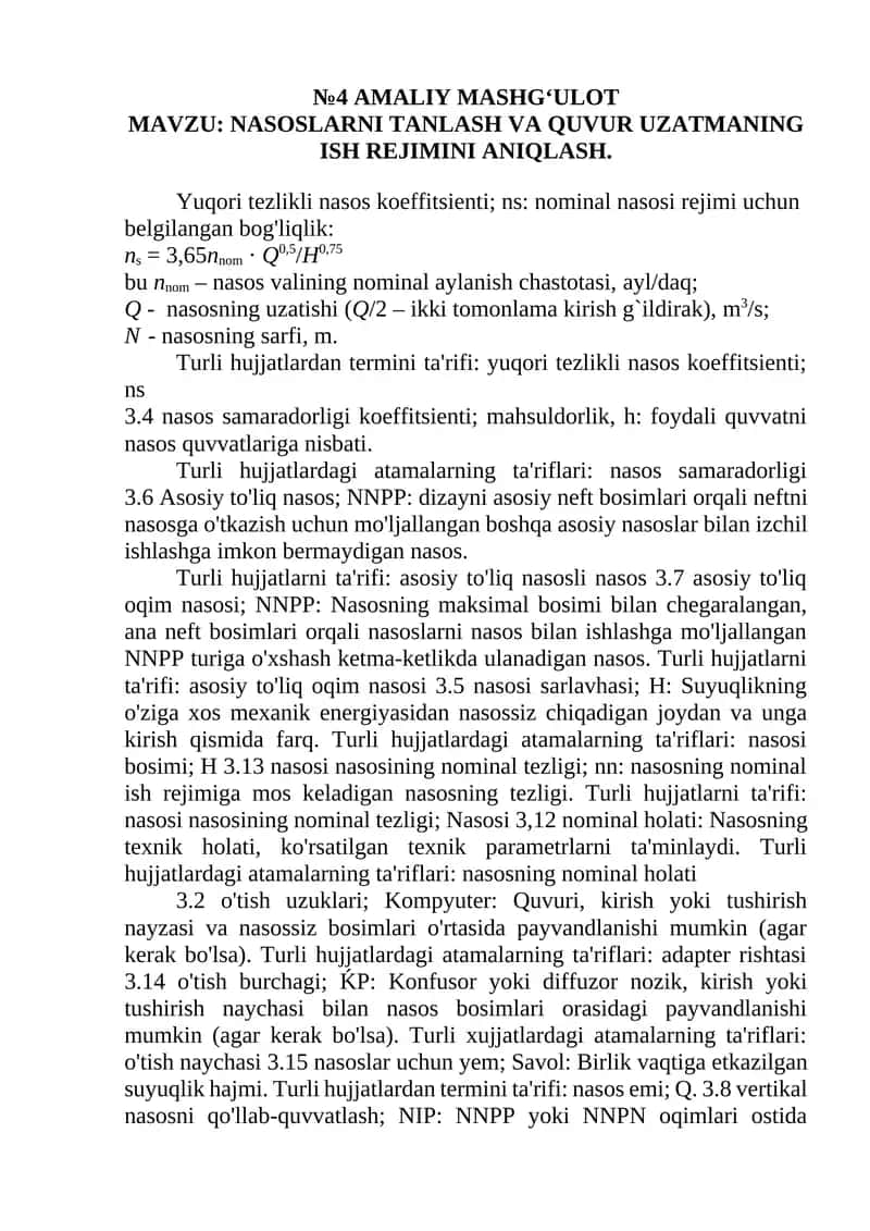 NASOSLARNI TANLASH VA QUVUR UZATMANING ISH REJIMINI ANIQLASH 1