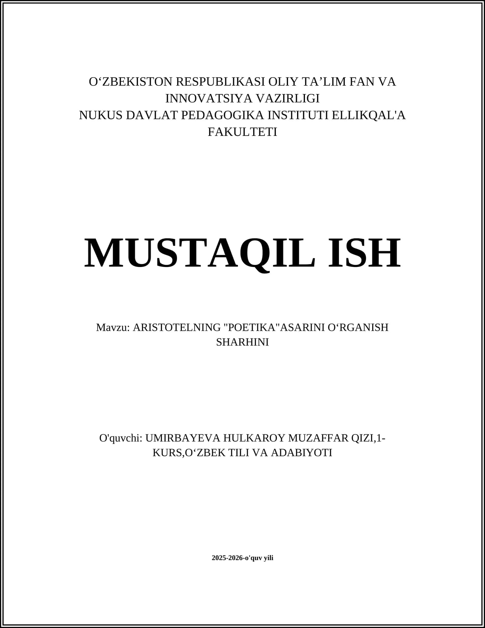 ARISTOTELNING "POETIKA"ASARINI OʻRGANISH SHARHINI 1