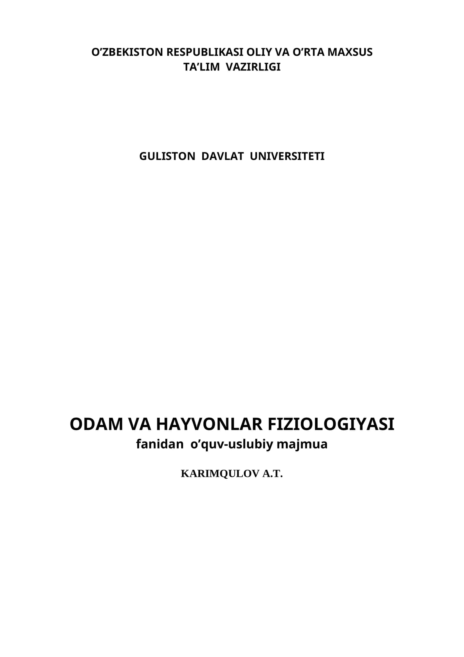Odam va hayvonlar fiziologiyasi fanidan o’quv uslubiy majmua 1