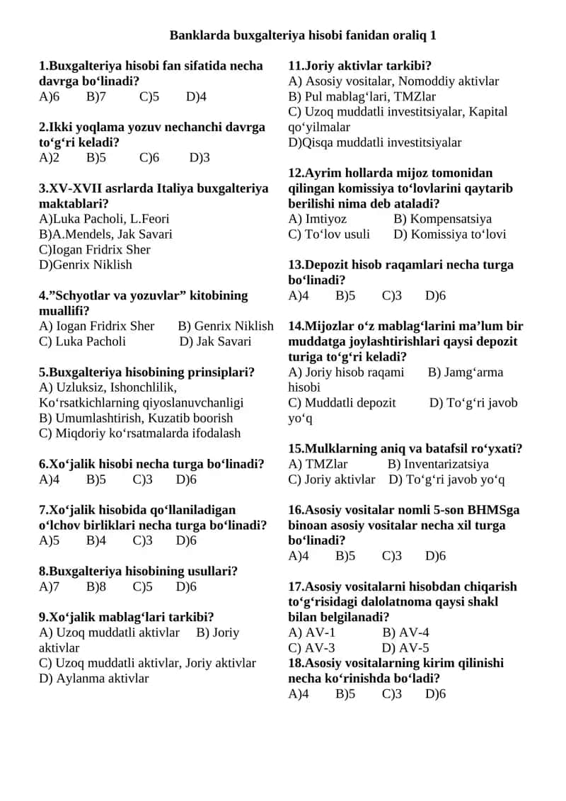 Banklarda buxgalteriya hisobi fanidan oraliq nazorat 1 1