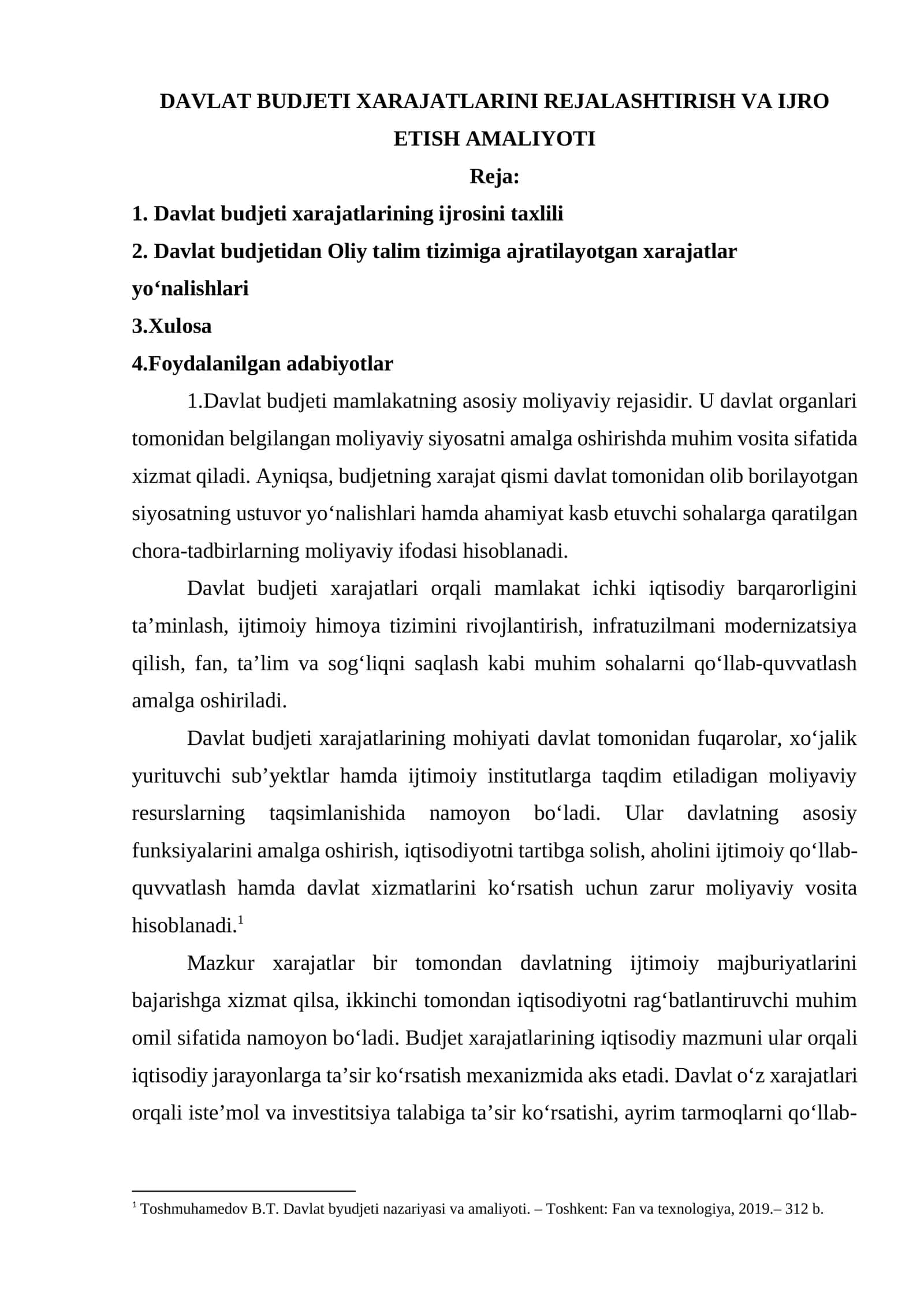 DAVLAT BUDJETI XARAJATLARINI REJALASHTIRISH VA IJRO ETISH AMALIYOTI 1