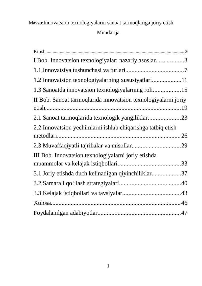 Innovatsion texnologiyalarni sanoat tarmoqlariga joriy etish 1