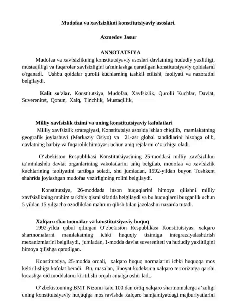 Milliy xavfsizlik tizimi va uning konstitutsiyaviy kafolatlari