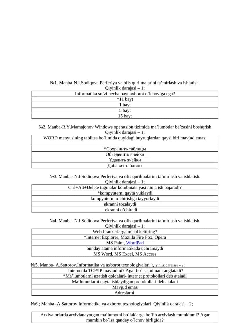 2026-yil Informatikadan atestatsiga tayyorgarlik ko'rish uchun 150 talik test javobi bilaan 1