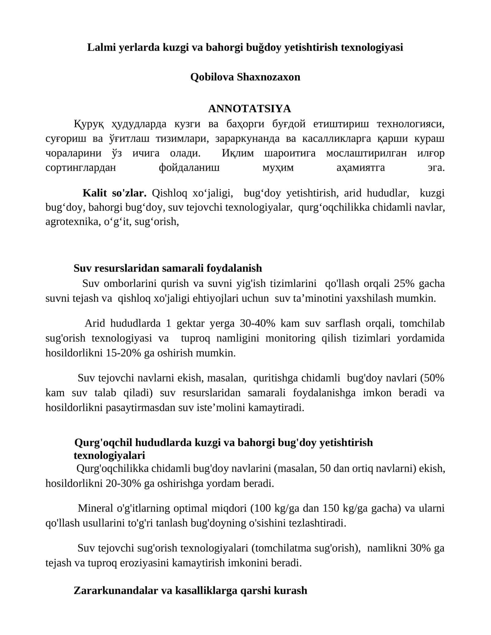 Lalmi yerlarda kuzgi va bahorgi buğdoy yetishtirish texnologiyasi 1