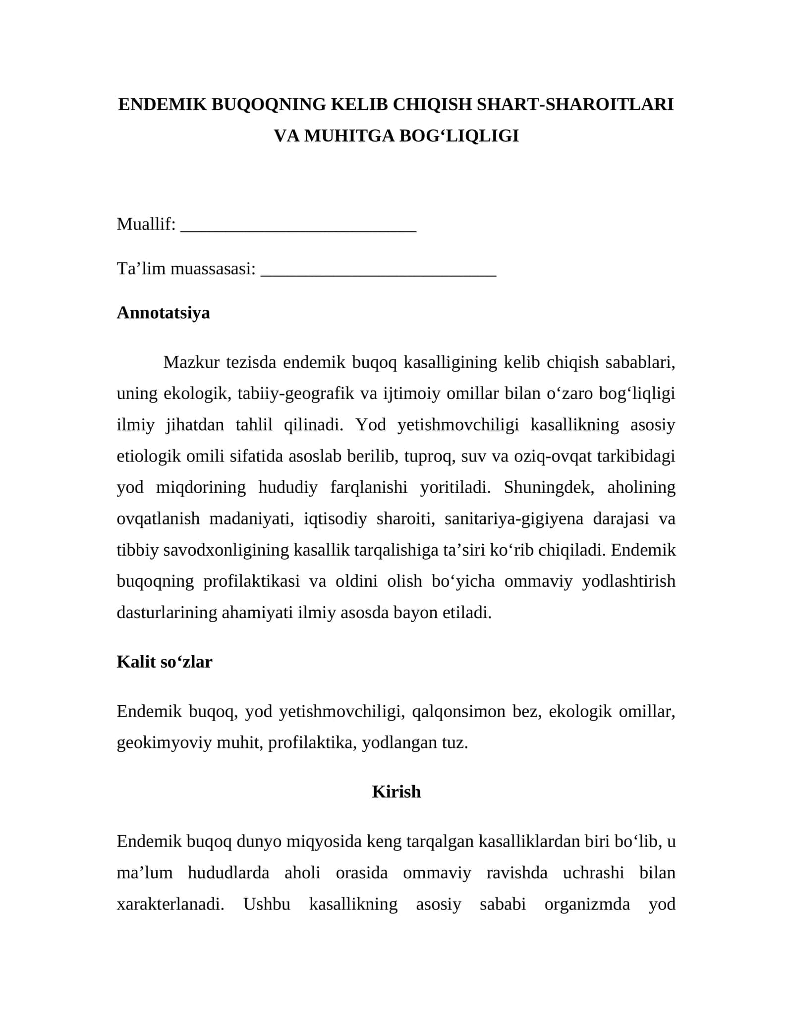 ENDEMIK BUQOQNING KELIB CHIQISH SHART-SHAROITLARI VA MUHITGA BOG‘LIQLIGI 1