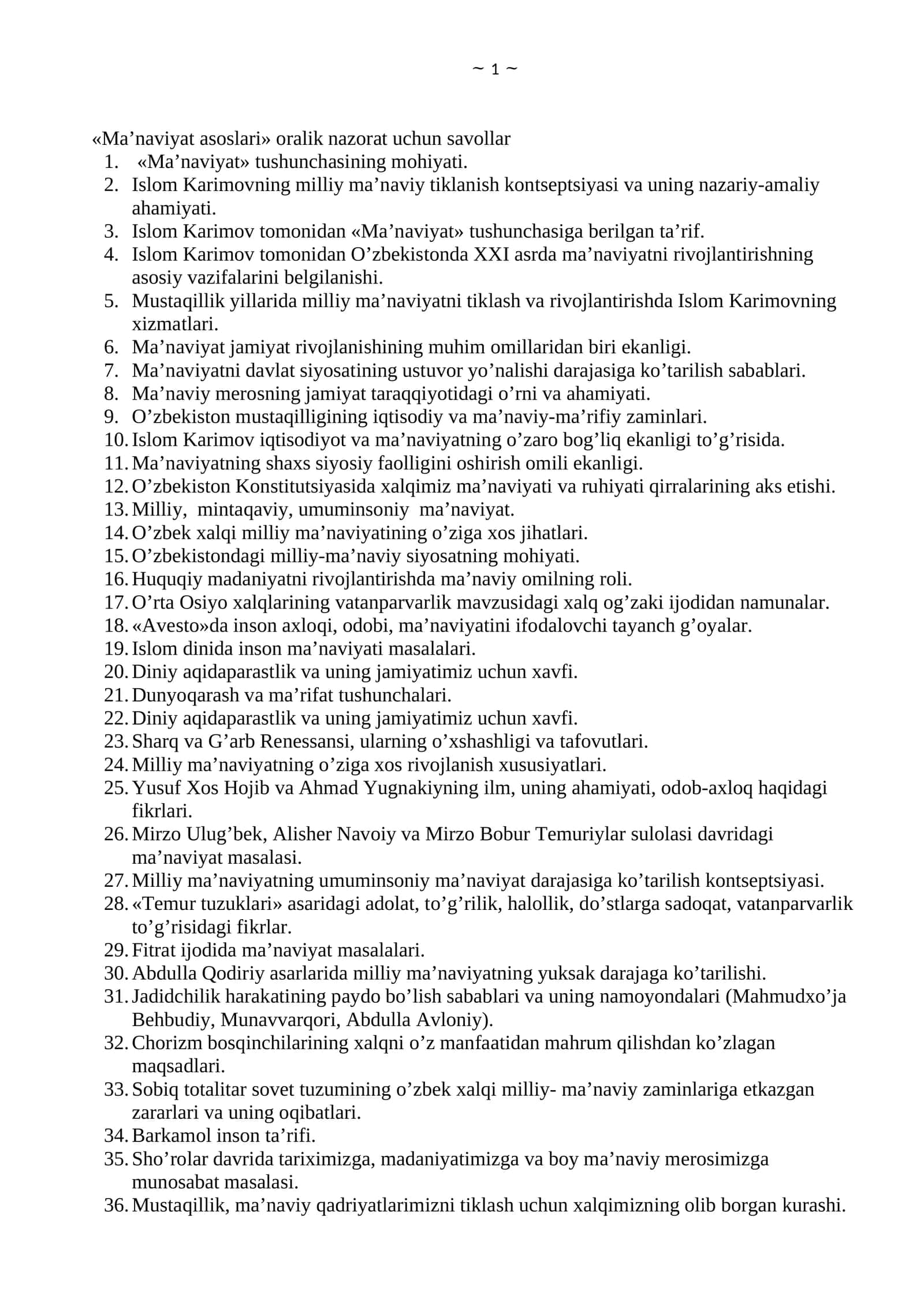 Ma’naviyat asoslari oralik nazorat uchun savollar 1