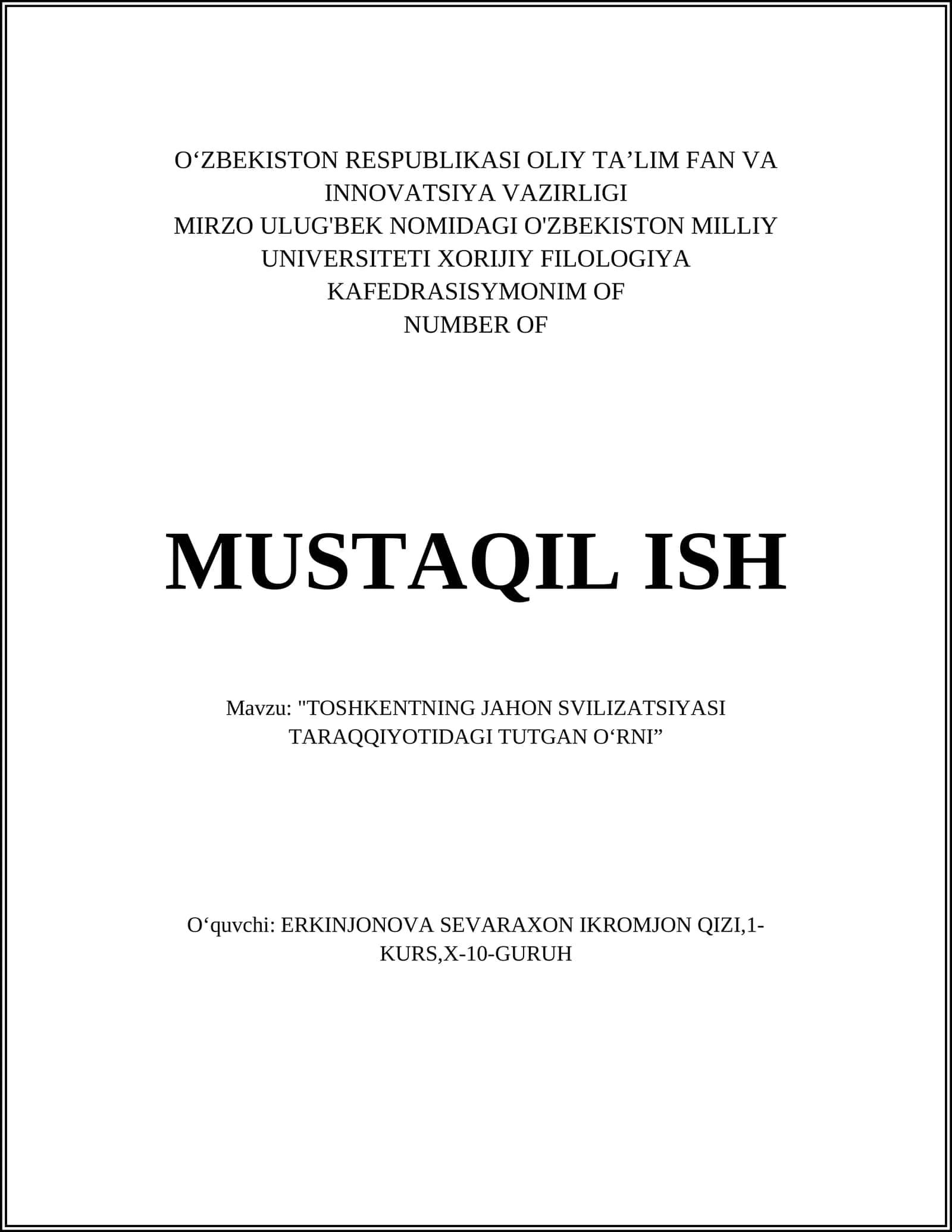 "TOSHKENTNING JAHON SVILIZATSIYASI TARAQQIYOTIDAGI TUTGAN O‘RNI” 1