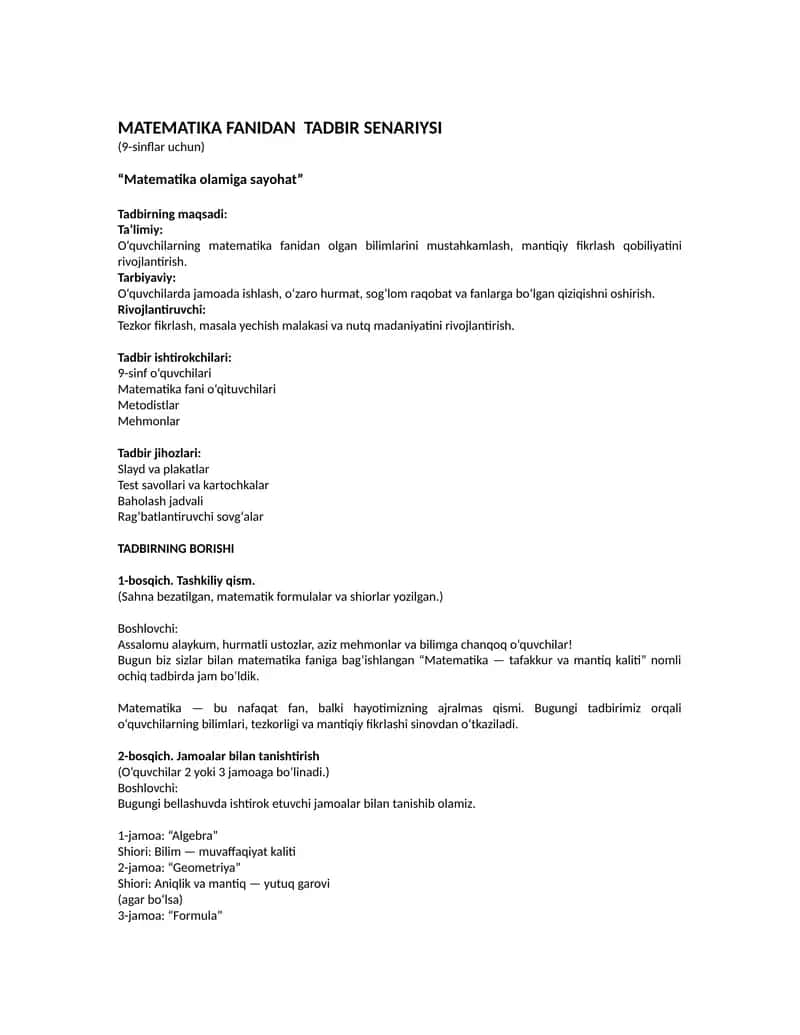 Matematika olamiga sayohat 1