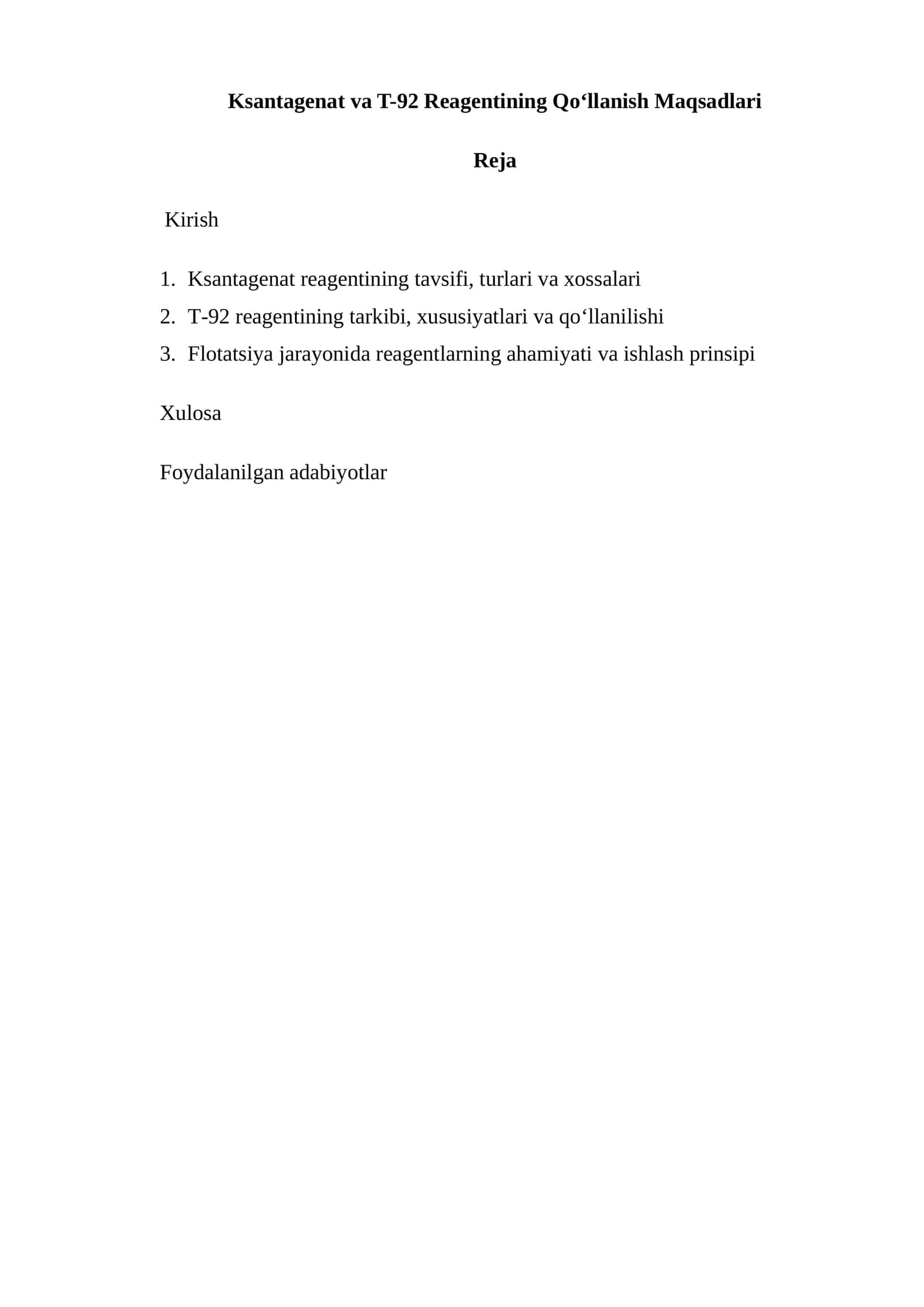 Ksantagenat va T-92 Reagentining Qo‘llanish Maqsadlari 1