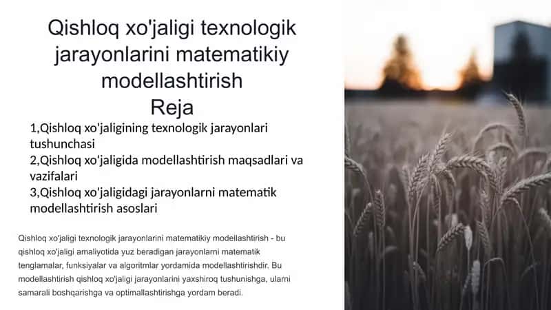 Qishloq xo'jaligi texnologik jarayonlarini matematikiy modellashtirish 1