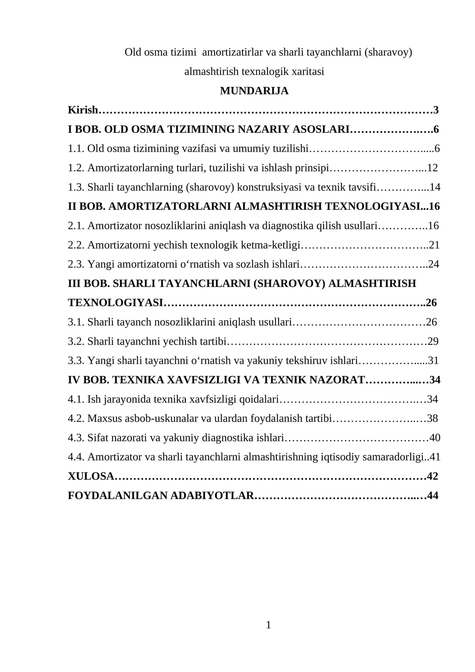 Old osma tizimi amortizatirlar va sharli tayanchlarni (sharavoy) almashtirish texnalogik xaritasi 1