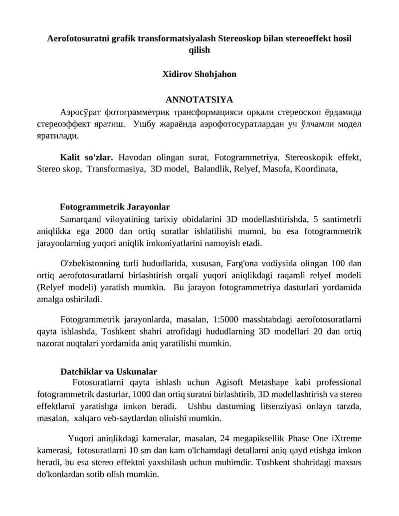 Aerofotosuratni grafik transformatsiyalash Stereoskop bilan stereoeffekt hosil qilish 1