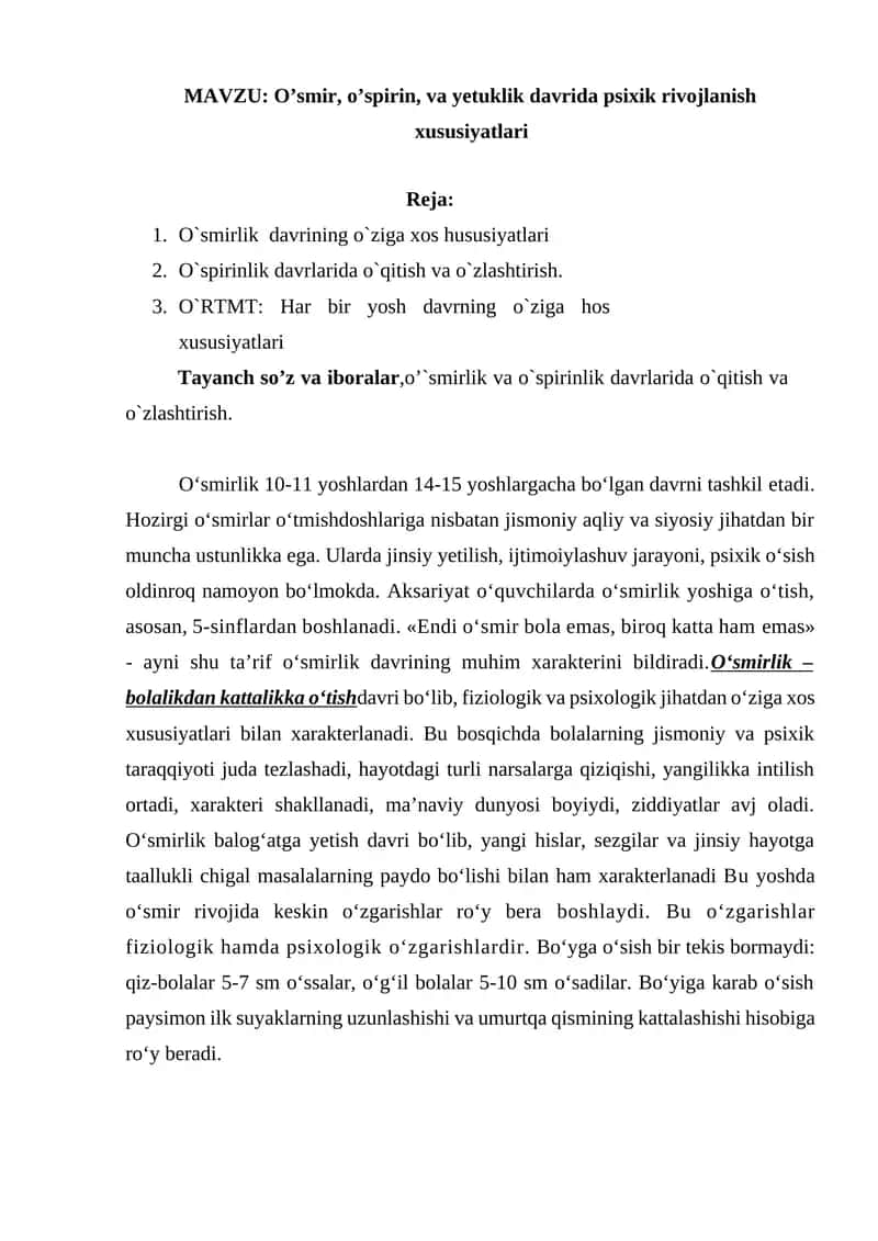 O’smir, o’spirin, va yetuklik davrida psixik rivojlanish xususiyatlari 1