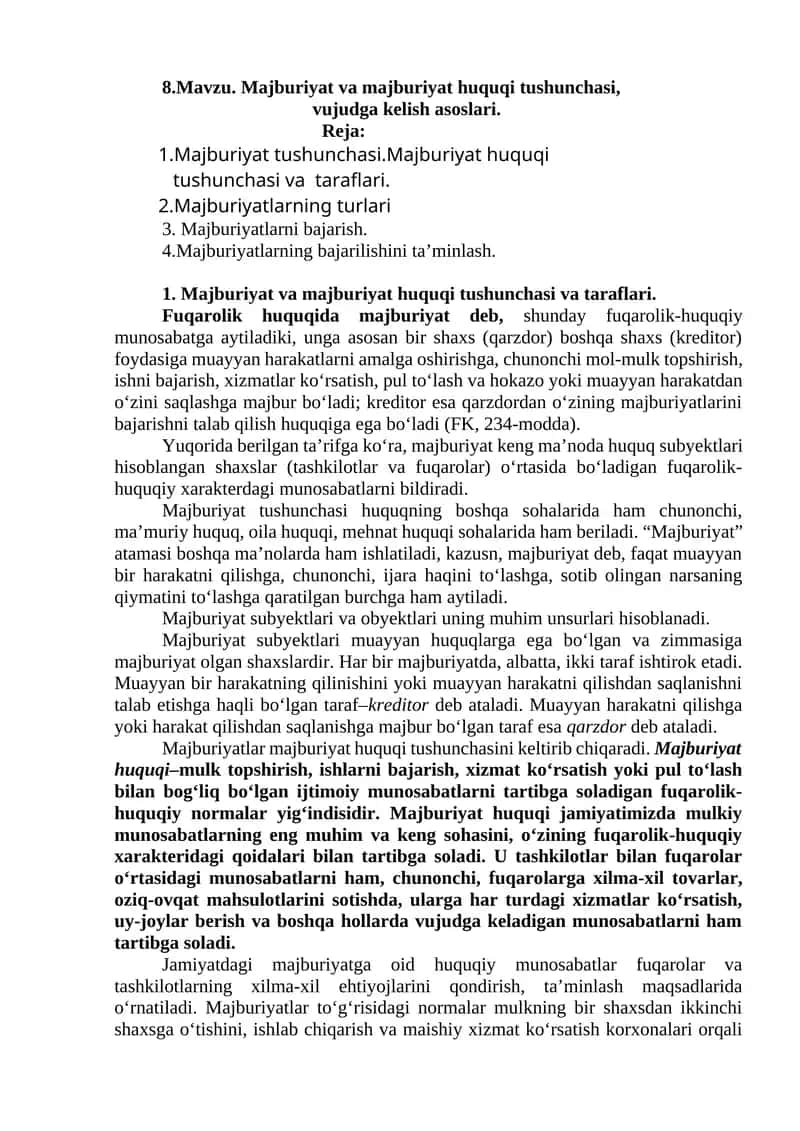 Majburiyat va majburiyat huquqi tushunchasi 1