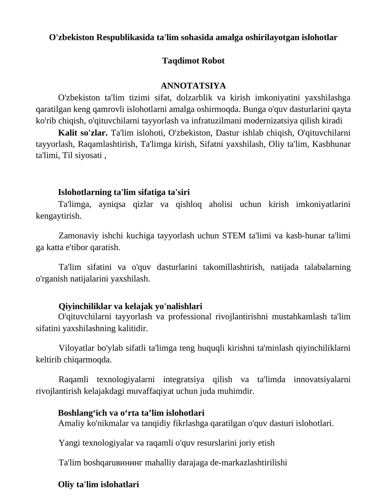 Ta'lim sohasida amalga oshirilayotgan islohotlar 1