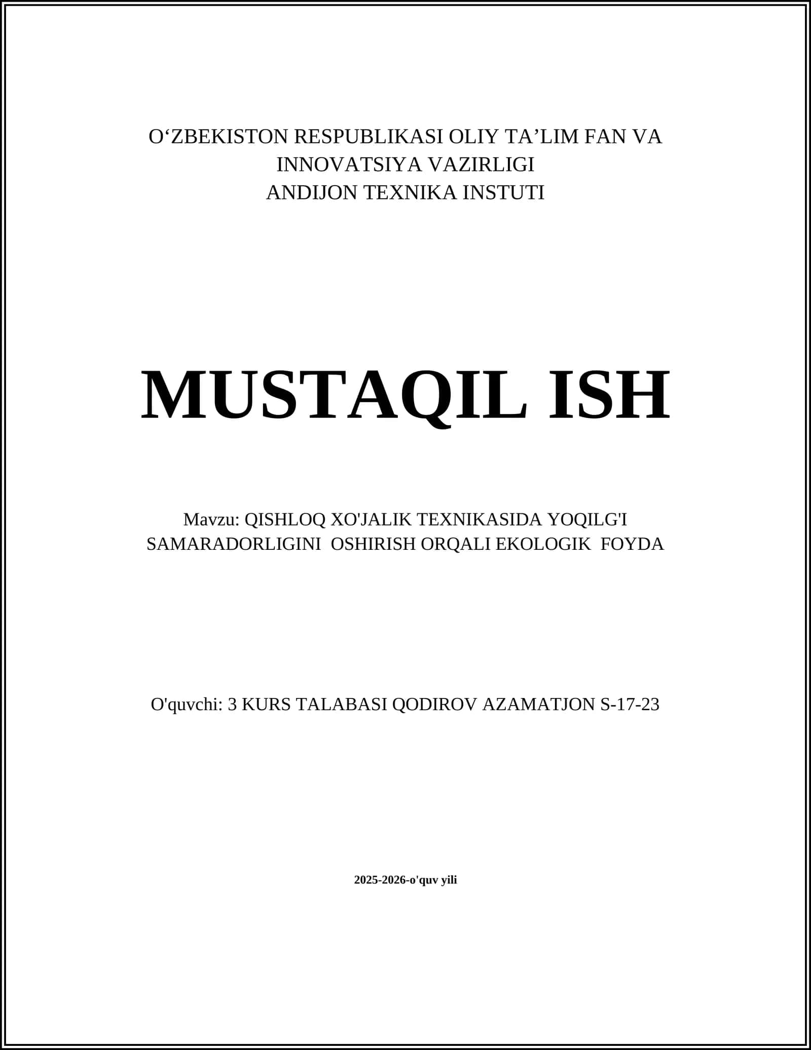 QISHLOQ XO'JALIK TEXNIKASIDA YOQILG'I SAMARADORLIGINI OSHIRISH ORQALI EKOLOGIK FOYDA 1