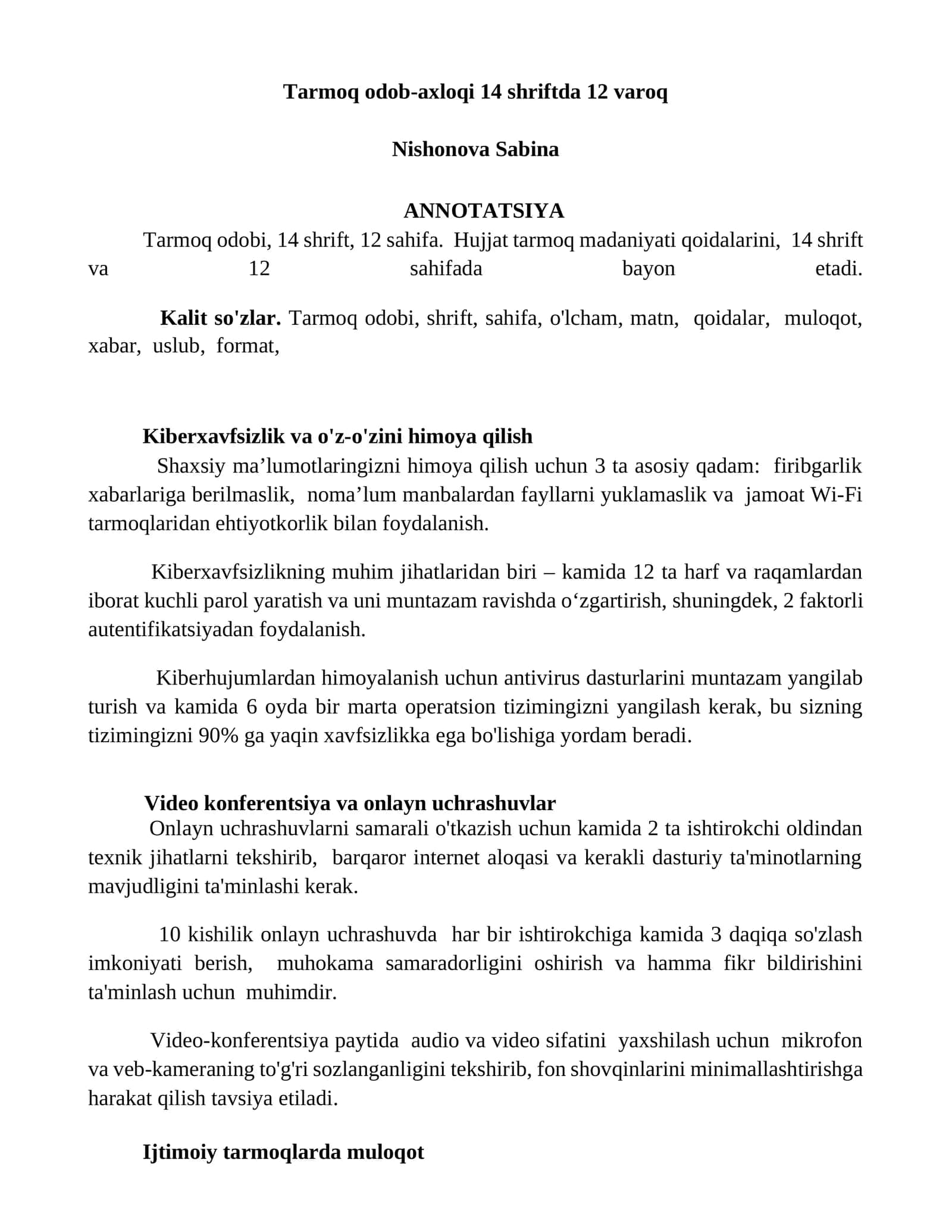 Tarmoq odob-axloqi 14 shriftda 12 varoq 1
