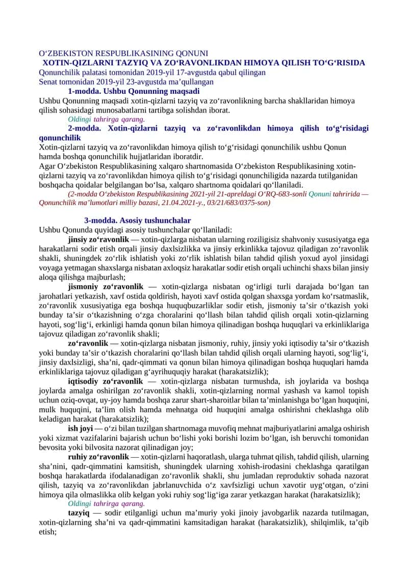 XOTIN-QIZLARNI TAZYIQ VA ZO‘RAVONLIKDAN HIMOYA QILISH TO‘G‘RISIDA 1