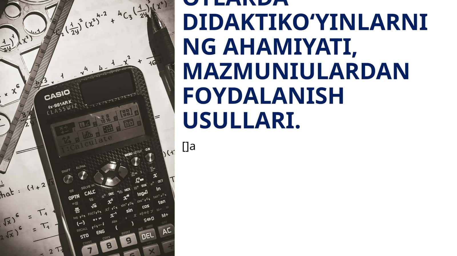 MATEMATIKADAN EKSKURSIYALAR, ERTALIKLAR, O‘YINLARNI TAYYORLASH VA O‘TKAZISH METODIKASI. SINFDAN TASHQARI MASHG‘ULOTLARDA DIDAKTIK O‘YINLARNING AHAMIYATI, MAZMUNI ULARDAN FOYDALANISH USULLARI 1